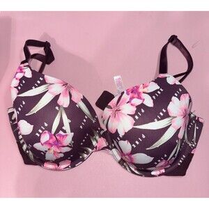 Victoria's Secret PINK Bra Women's 34DD Plum Purple Floral T-shirt Lightly Lined